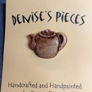Tea Pot Pin Brooch Antiqued Look Brown Plaster Handmade Hand Painted